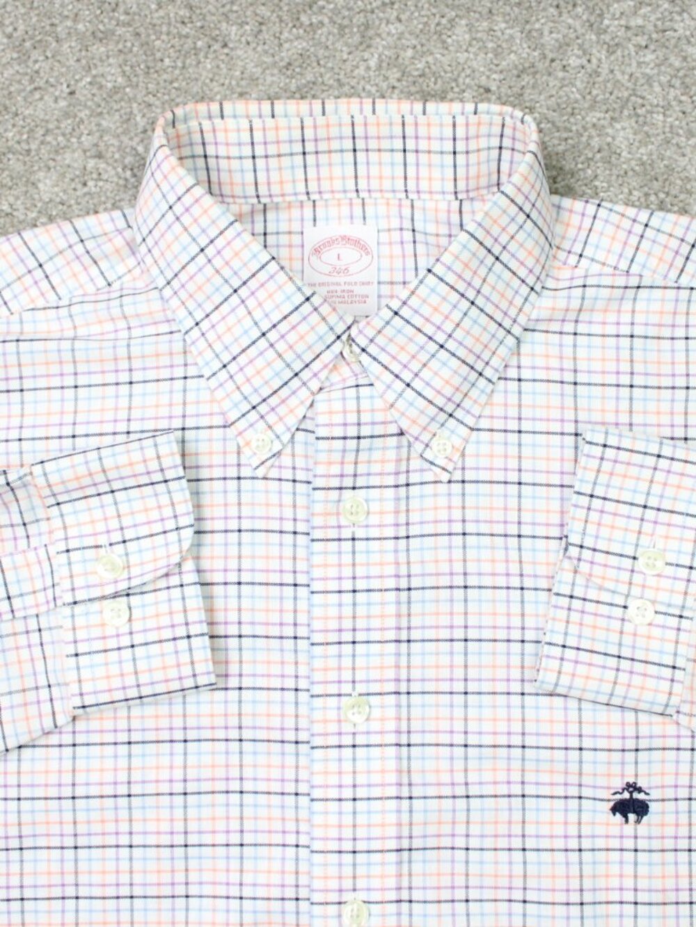 Brooks Brothers 346 Shirt Men Large Blue/Orange Check Non-Iron Supima Cotton L/S